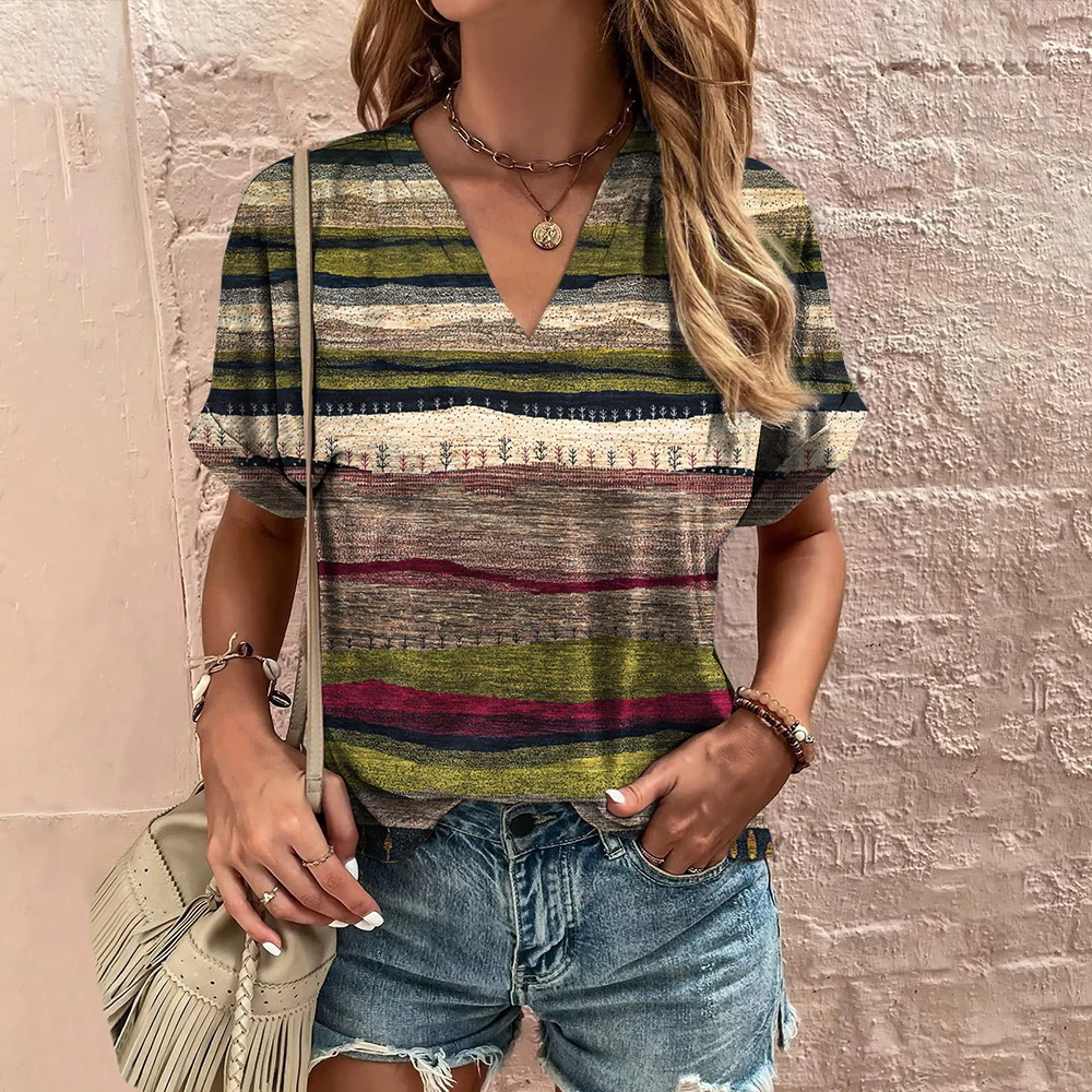 Retro Women\'s T-Shirt Summer V-Neck Short Sleeve Tee Casual Harajuku Stripe Print T Shirt for Women Streetwear Pullover Tops New