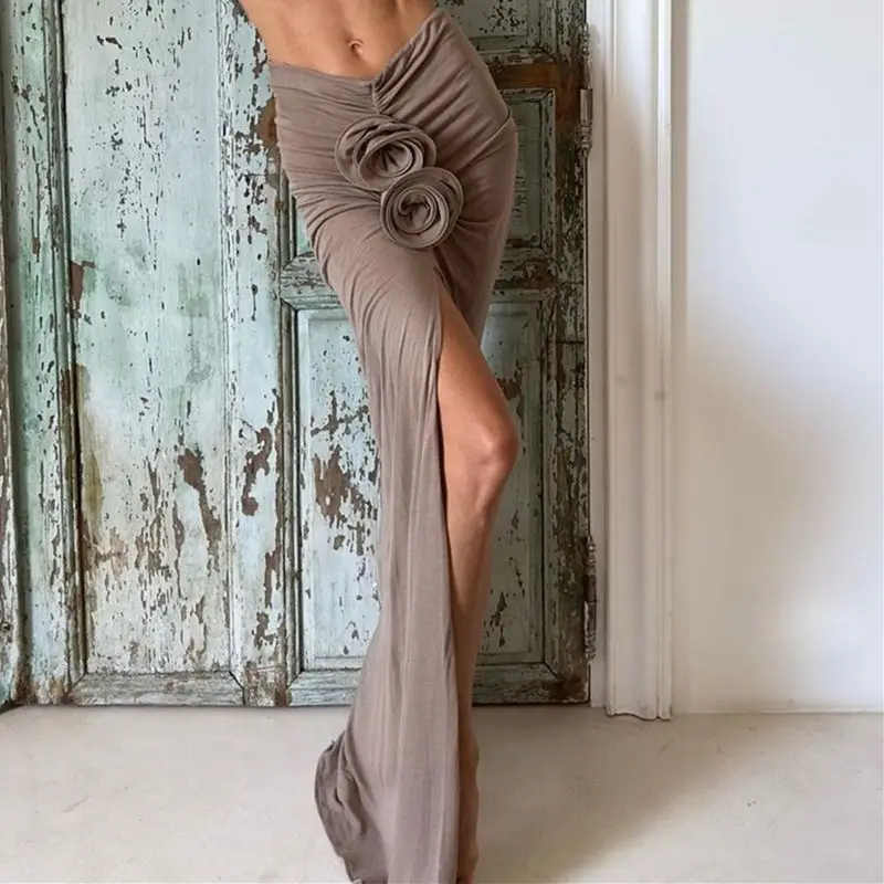 French Hepburn Style Rose Decoration Ancient Half Skirt for Women Summer Sexy Long Style Slightly Split Half Skirt