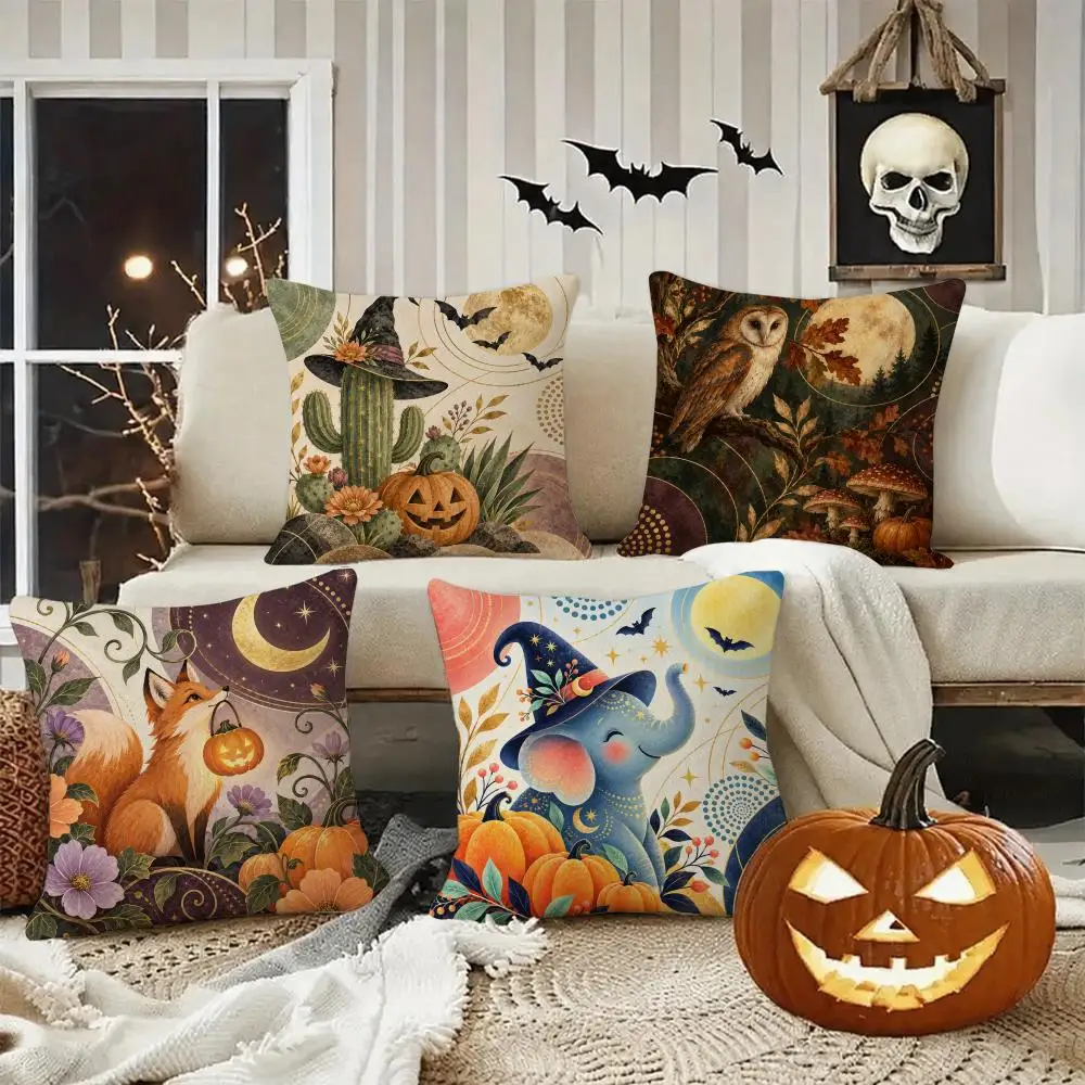 Haunted Vintage Flowers Cushion Cover Halloween decoration trick or treat cushion cover, ghost, pumpkin head, bat decoration