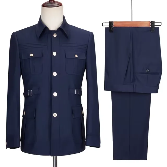 Elegant Men Safari Suit 2 Pieces Set Multi Pocket Square Collar Jacket Pants Slim Fit Formal Prom Banquet Outdoor Customized