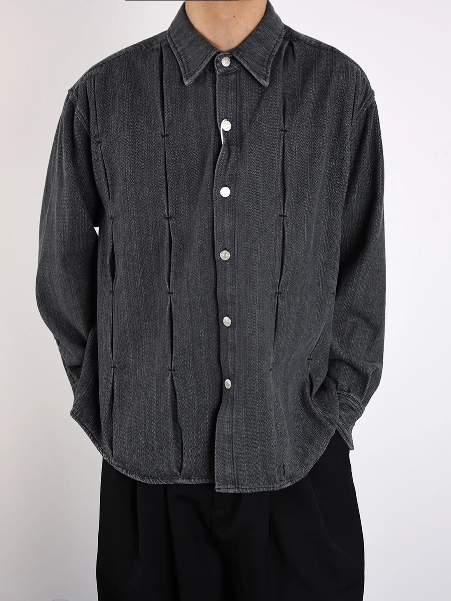 

Heavyweight Tailored Retro Japanese Sle Denim irt Men's Casual Outerwear American Trendy Long Sve Cotton Polyester Blend