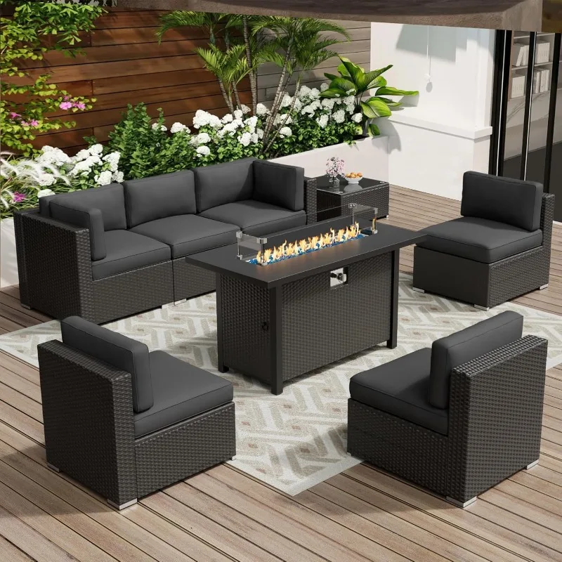 8-Piece Outdoor Patio Furniture Sofa Set with 45” Propane Gas Fire Pit Table, Black Rattan Wicker Sectional Conversation Sets