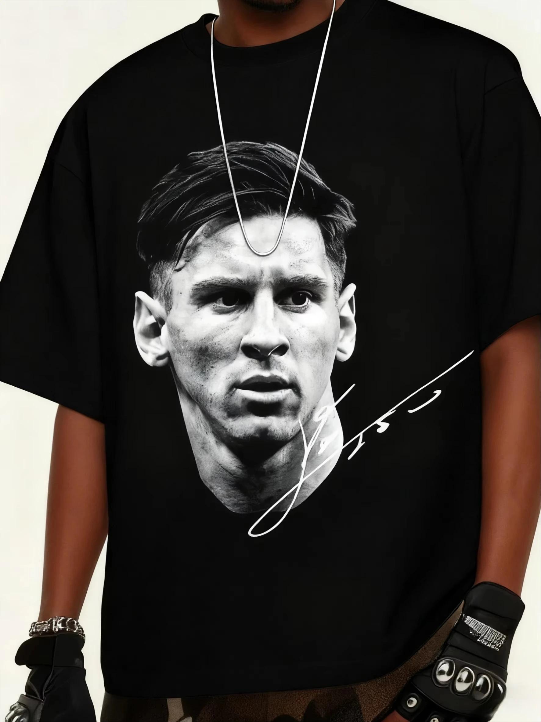 تي شيرت صيفي Leo Messi Football Retro Print رياضي كاجوال برقبة دائرية وأكمام قصيرة للرجال من القطن الخالص يسمح بمرور الهواء