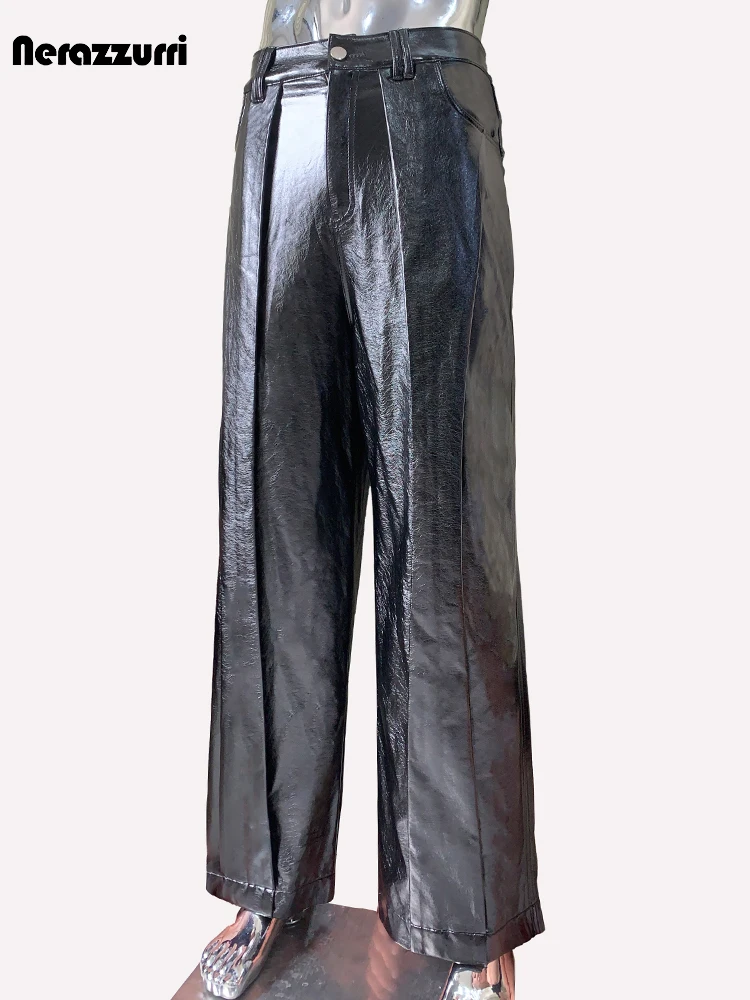 Mauroicardi Spring Autumn Cool Long Baggy Black Pu Leather Pants Men High Waist Wide Leg Trousers Runway European Fashions 2024