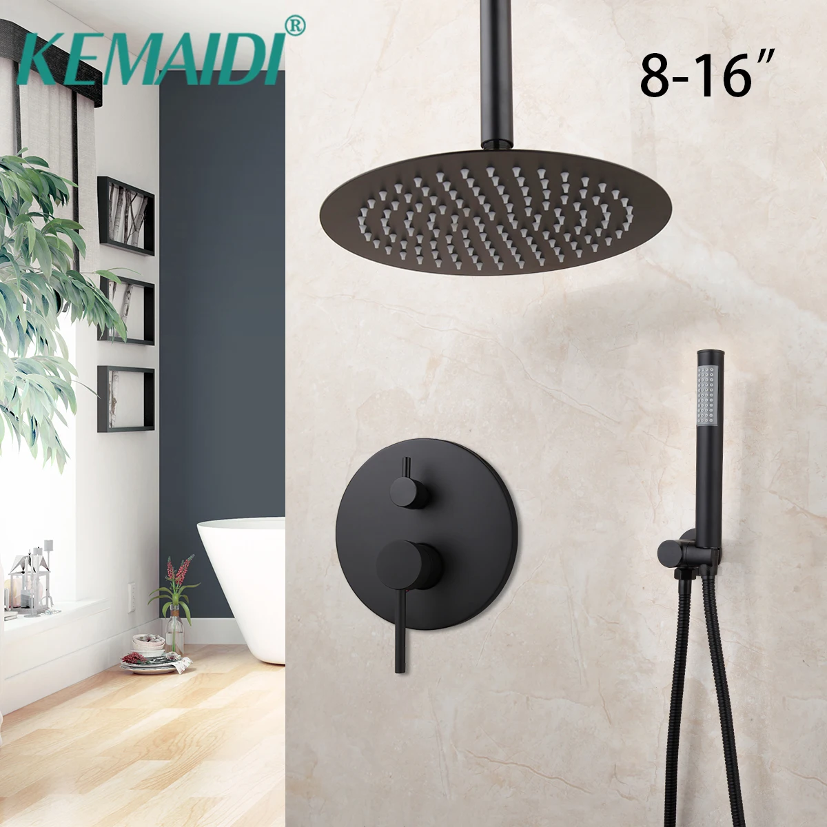 

KEMAIDI 8-16 Inch Matte Black Round Rainfall Bathroom Shower Faucet Ceiling Mounted Rain Shower Faucet Mixer Hand Shower Set