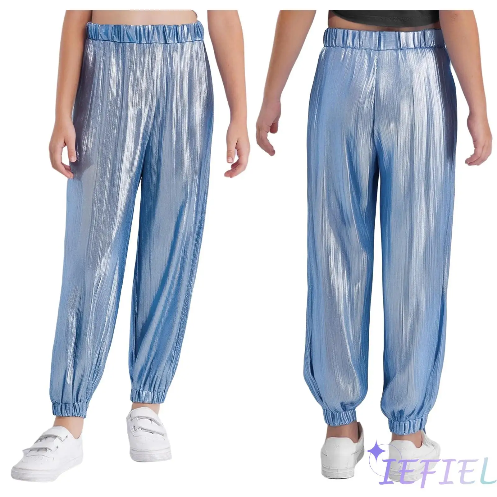 

Kids Girls Jazz Dance Stage Performance Costume Elastic Waistband Metallic Shiny Ribbed Pants