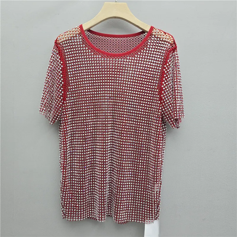 Blingbling Full Diamonds Hollow Out Rhinestone Mesh Women T-shirt Round Neck Perspective Smock Spring Summer Short Sleeve Tees