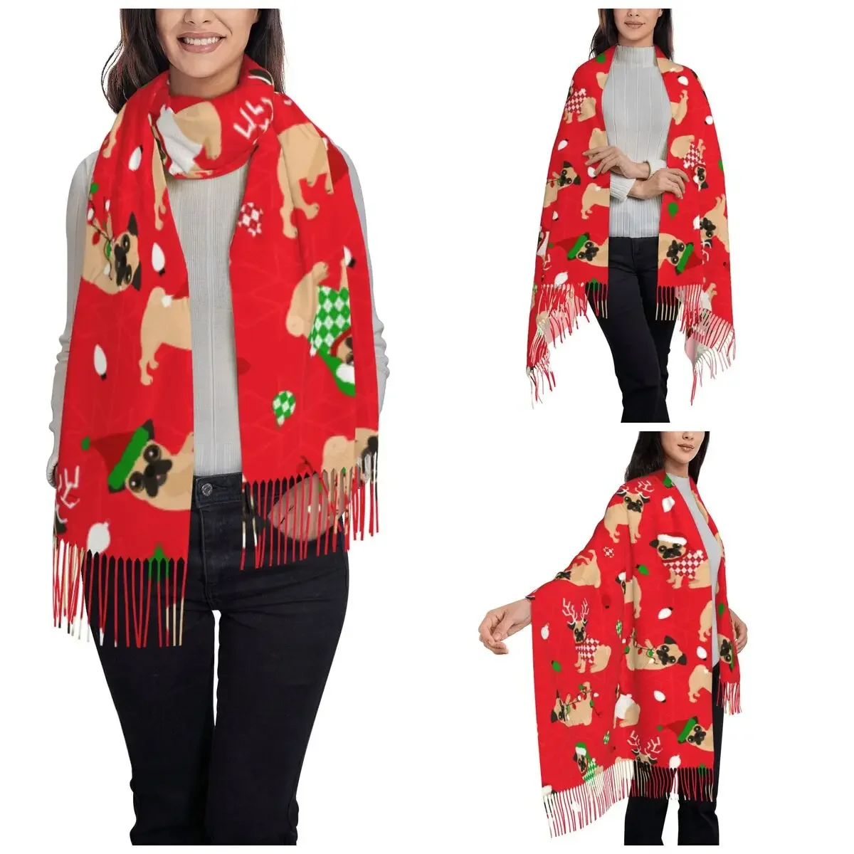 Christmas Pugs Red Shawl Wraps for Womens Winter Warm Large Soft Scarf Dog Pashminas Shawl Scarves