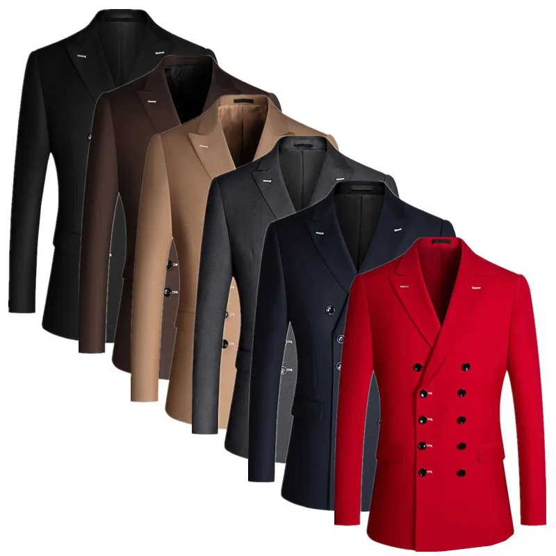 

New Men Business Social Pure Color Double Breasted Suit Jacket Red / Black Fashion Simple Homme Wedding Prom Party Dress Blazers