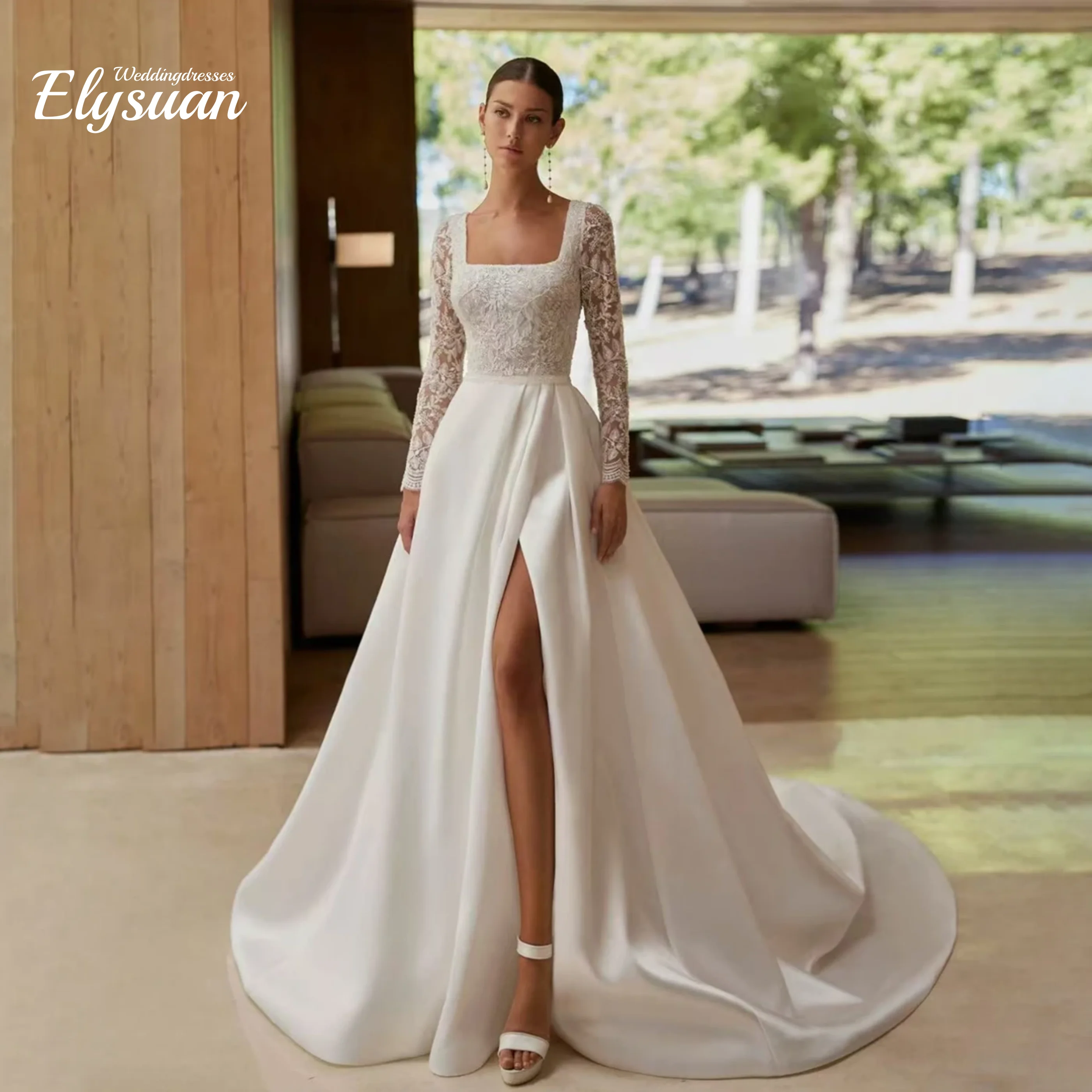 Vestido de noiva personalizado, renda, pescoço quadrado, manga longa, linha a, formal, vestidos de casamento elegantes para noiva