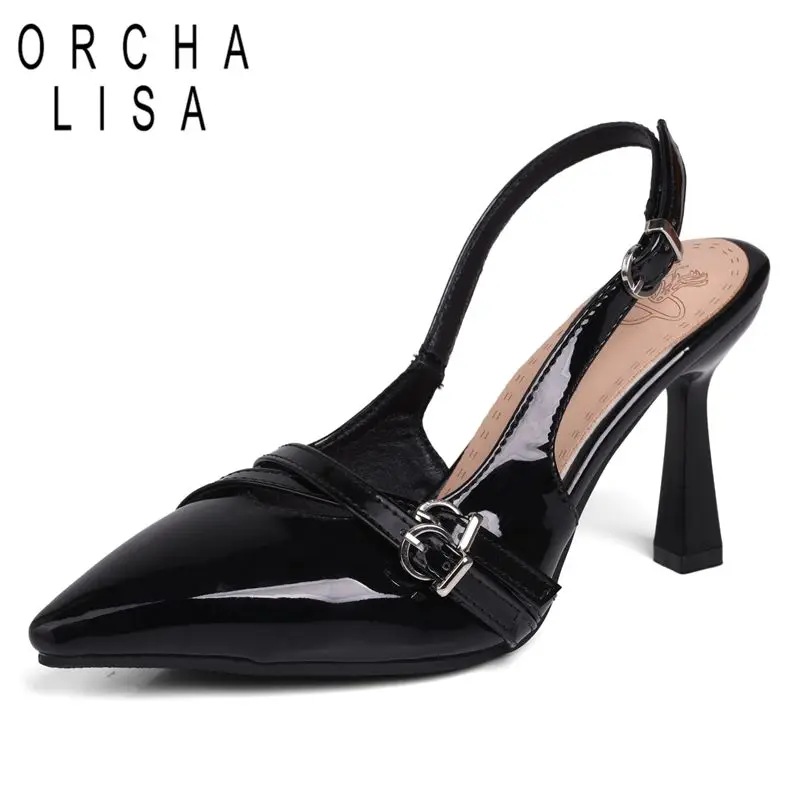 

ORCHA LISA 2025 Shiny Female Sandals Pointed Toe Thin Heels 9cm Back Buckle Strap Plus Size 45 46 47 Fashion Party Dating Shoes