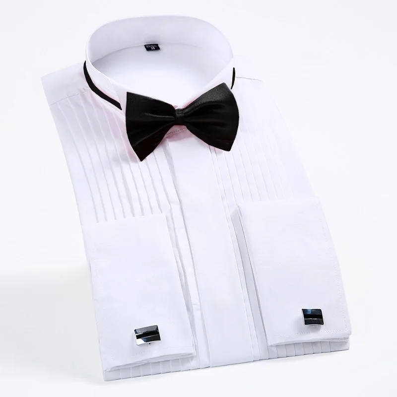 Camisa de vestir de cuello alado clásico para hombre, alas de punta de esmoquin, camisas formales con pajarita roja y negra, Tops de novio para fiesta, cena y boda