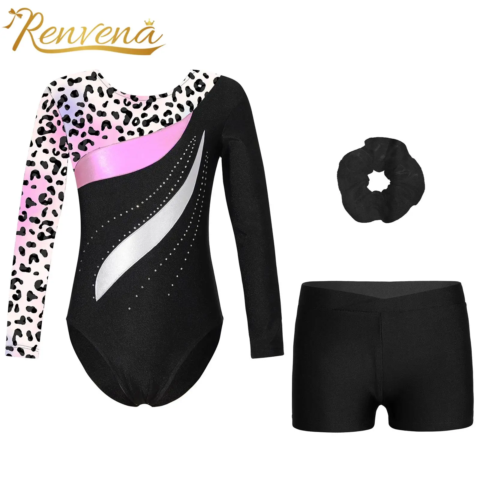 

Kids Girls Printed Ballet Outfits Gymnastics Leotard with Shorts Dancing Suits Long Sleeve Dancewear Sets Teens Dance Jumpsuit