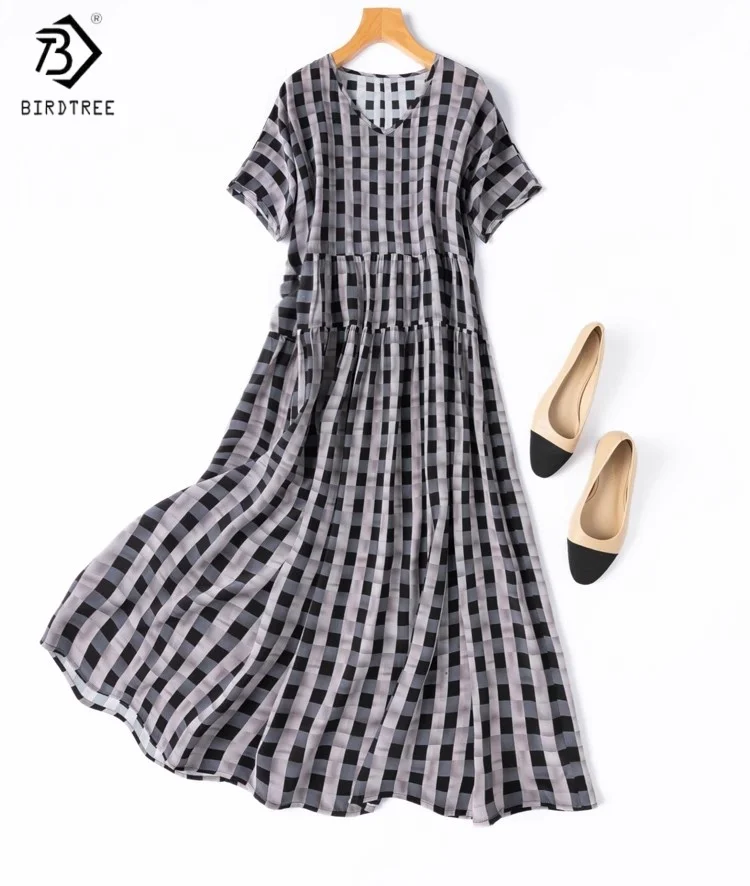 

Birdtree Summer 100% Mulberry Silk Dress,Women Double Crepe V-Neck Dolman Sleeve Grid Printing Long Skirt,2025 New D56207JF