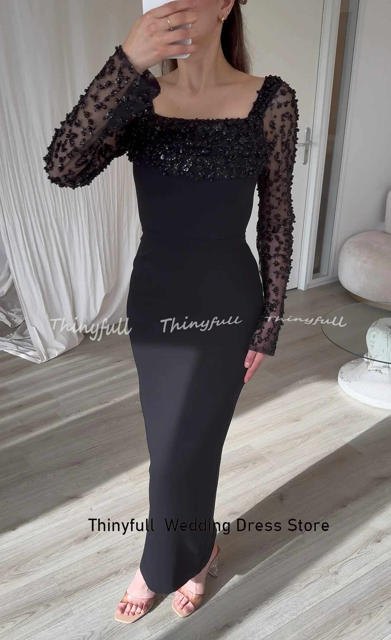 Thinyfull zeemeermin satijn Arabische galajurk volledige mouwen vierkante kraag kralen avondjurken lange jurk Robe De Soiree aangepast