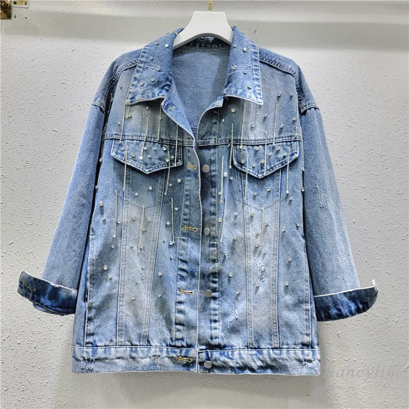 

2024 Autumn Denim Jacket Woman New Exquisite Rhinestone Tassels Loose-Fitting Large Version Jean Coat Fashion Street Jackets