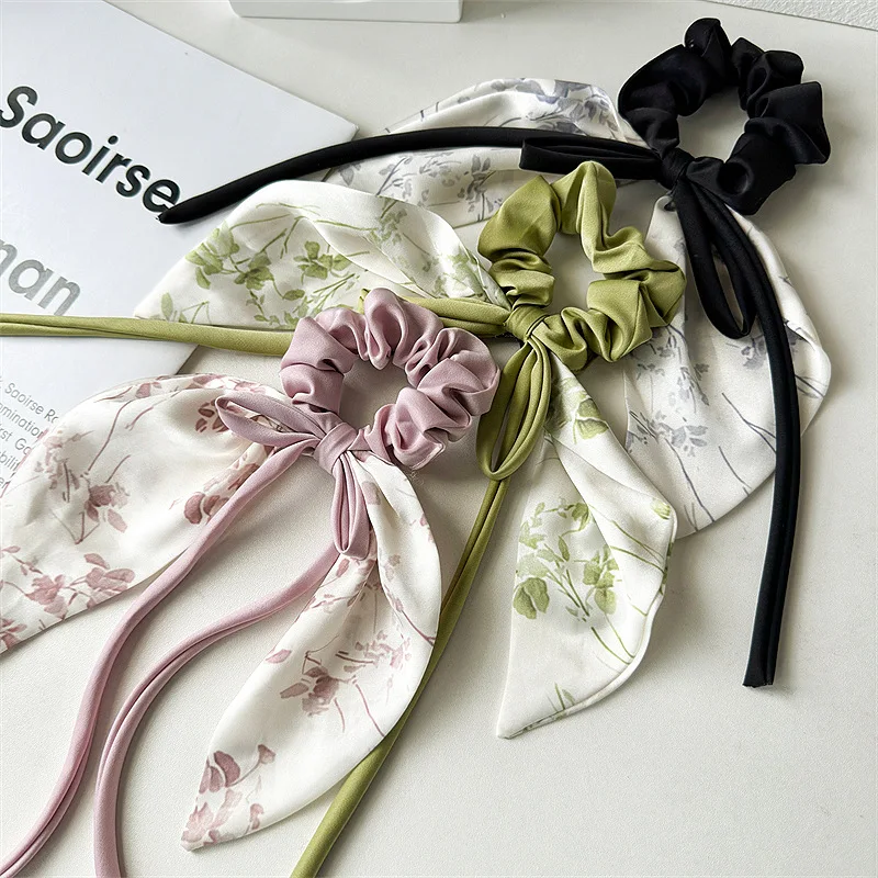 French High Grade Bow Long Ribbon Scarf Hair Ties Fashion Flower Print Head Rope Female Elastic Hair Scrunchies Wholesale