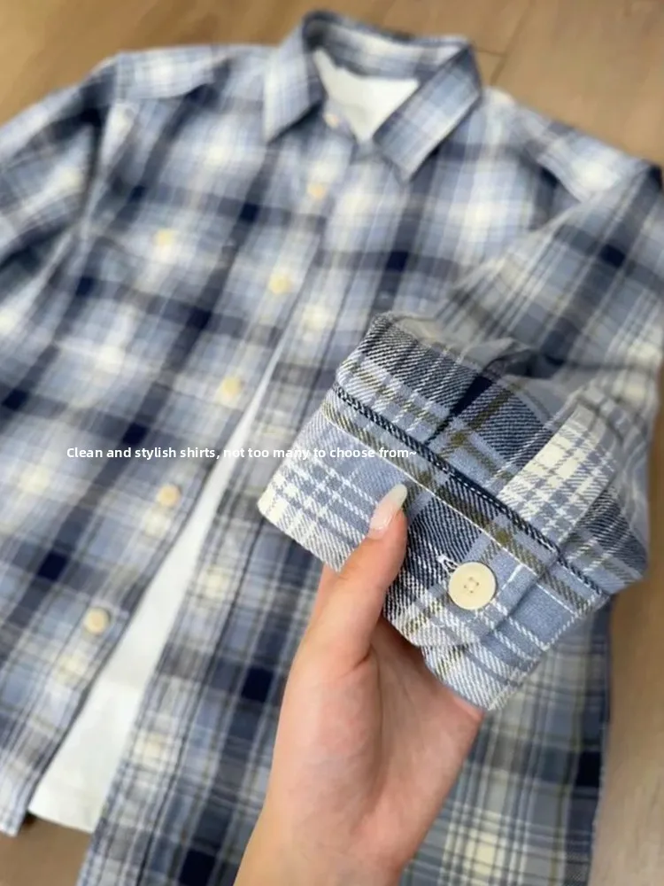 

American Retro Blue Plaid Men's Summer Thin Long Sve irt Design Sensation High oulder Outerwear Casual Loose Fit irt