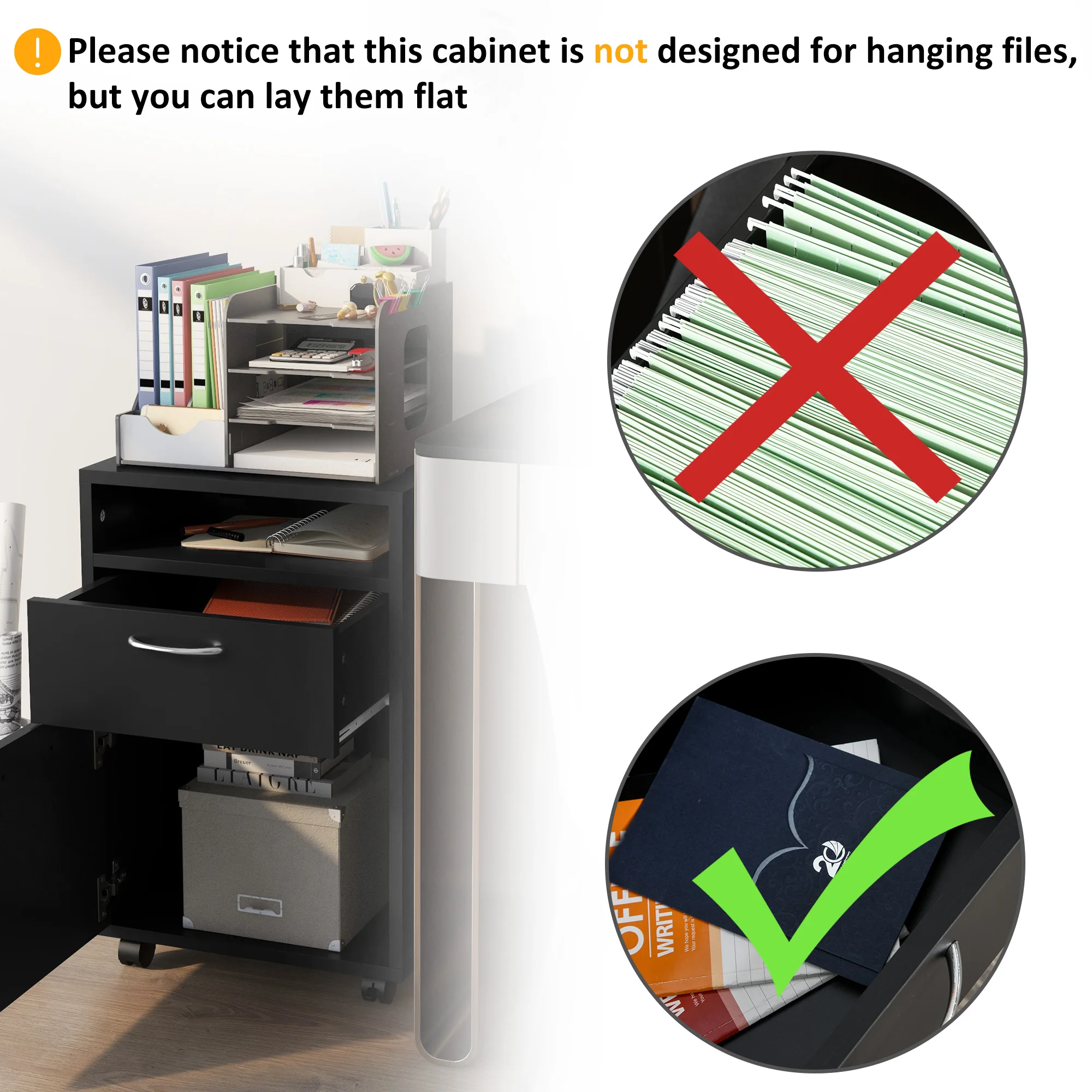 HOMCOM 60cm Filing Cabinet with Drawers and Open Shelf, Black