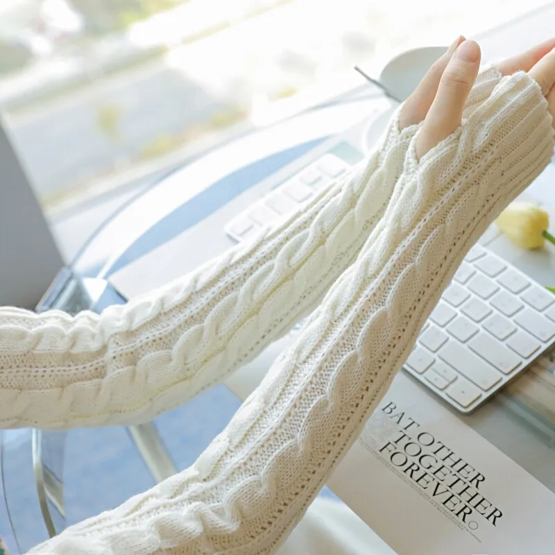 Winter Warm Knit Long Fingerless Gloves Casual Simple Knit Women Cable Arm Warmers Cycling Cold Proof Skiing Outdoor Arm Warmers