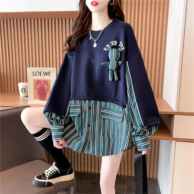 Spring Autumn Thin Women\'s Clothing Loose Office Lady Simplicity Korean Streetwear Patchwork Printing Striped O-neck T-Shirts