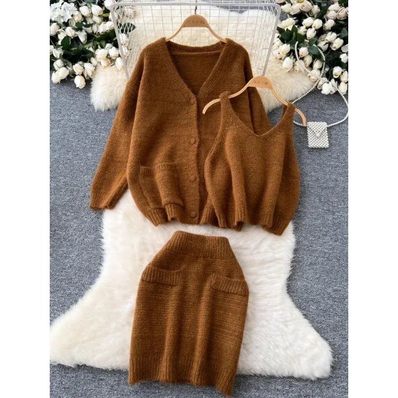 Korean Warm Skirts Sets Women Sweet Inner Camisole Long Sleeve Knitted Shawl Jacket Sweater Skirt Autumn Women Two-piece Suit