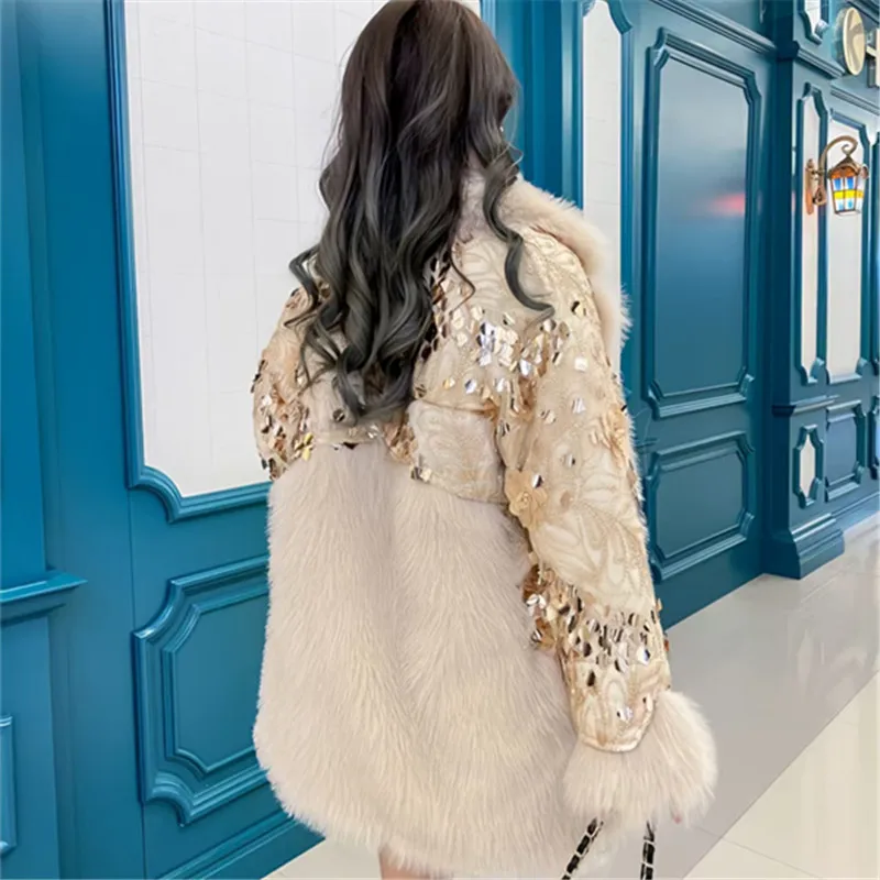 Jaket Slim Bulu Imitasi Serbaguna Fashion Panjang Sedang Terintegrasi Wanita Elegan Pakaian Musim Dingin 2025 Mantel Bulu Imitasi Payet Wanita