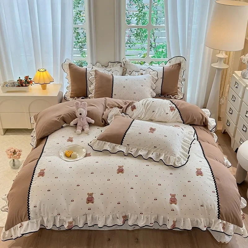 Small fresh pastoral style bedding four-piece set, spring lace quilt cover, bed sheet three-piece set, girls dormitory