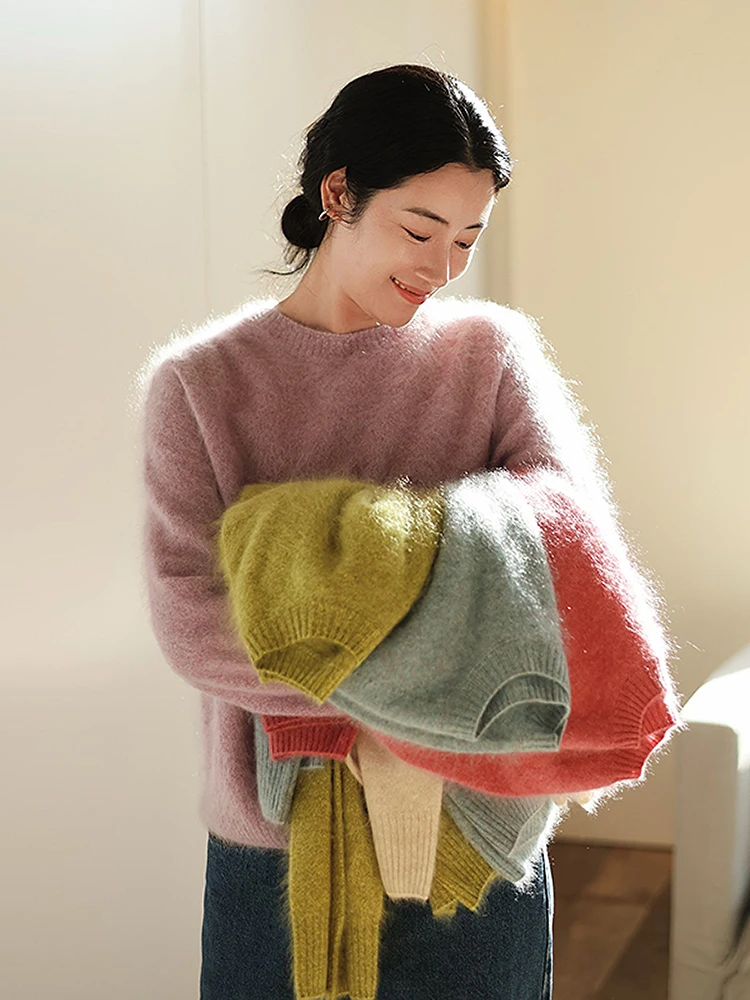 

Новый женский вязаный свитер из шерсти ягненка с круглым вырезом, свободного кроя, разноцветный, пушистый, повседневный, зимний