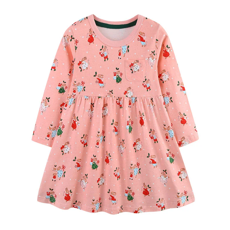 

Jumping Meters 2-7T Christmas Gift Girls Dresses Pockets Cotton Autumn Spring Fashion Embroidery Children's Clothes Party Frocks