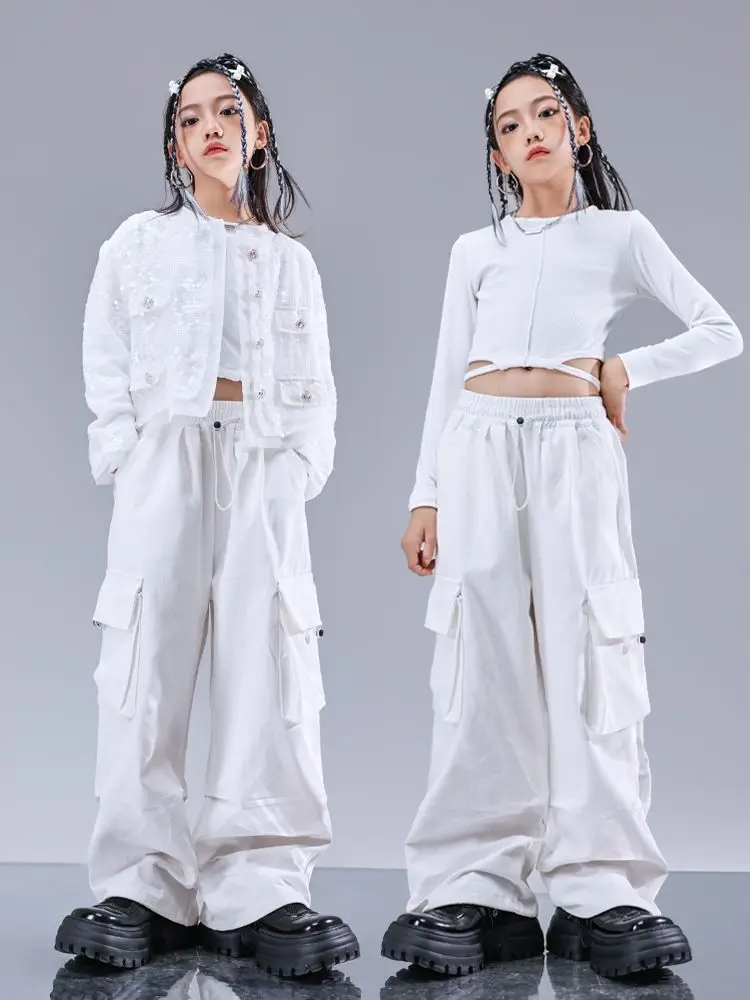 Kid Hip Hop Clothing White Sequined Short Jacket Top Casual Wide Pockets Cargo Pants Shorts for Girl Jazz Dance Costumes Clothes