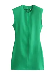 XNWMNZ 2024 Women Fashion Green Shoulder Pad Mini Dress High Street O Neck Sleeveless Slim Fit Versatile Female Dresses