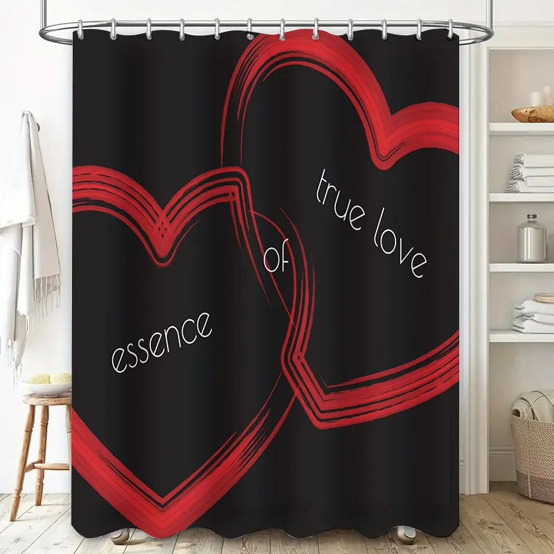Romantic Heart Shaped Shower Curtain for Bathroom Decor True Love Essence Design Red Black (128 characters)