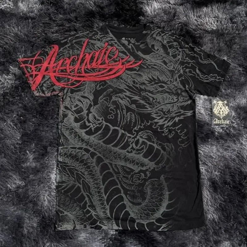 Camiseta de manga corta Dragon God Affliction para hombre Y2K con estampado de letras rojas, Tops góticos Vintage Harajuku a la moda para parejas