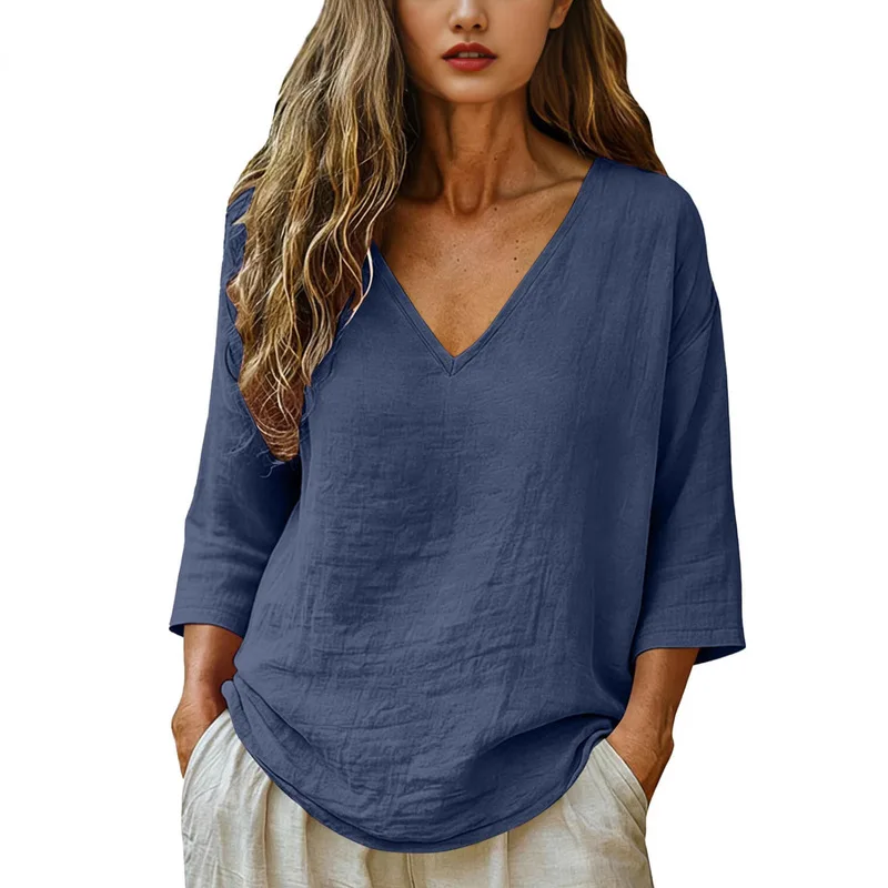 Women V Neck Seven Quarter Sleeve T Shirts Casual Loose Fit Slimming Tops Daily Wear Versatile Comfortable Blouses For Spring Su view 2