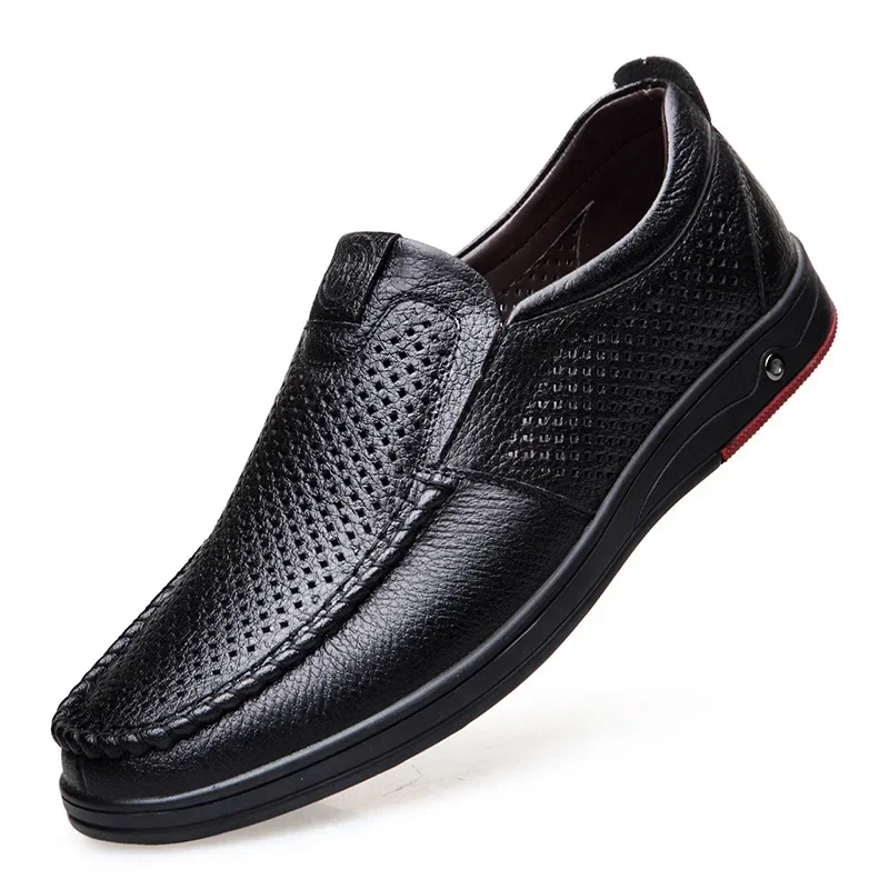 Mocasines de cuero genuino para hombre, calzado informal suave, sin cordones, con recorte, para verano, 2024