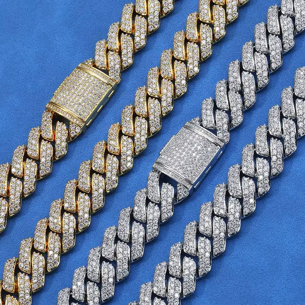 Luxury Miami Cuban 15MM Two Tone Link Curb Chain Necklaces Pass Diamond Test Pen VVS Moissanite Elegant 15mm Flat Necklace.