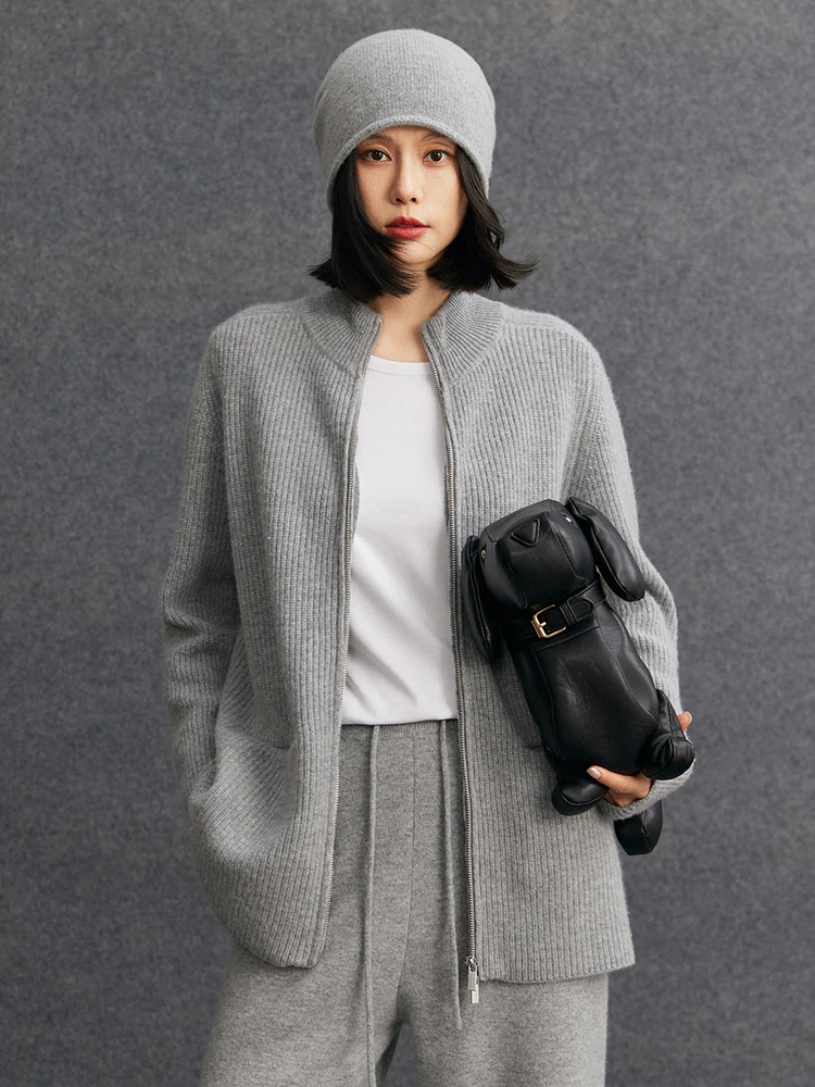 

TLOML New Chic Women's 100% Cashmere Sweater Double Zipper Cardigan Mock Neck Sweater Coat Autumn Winter Soft Thick Loose Tops