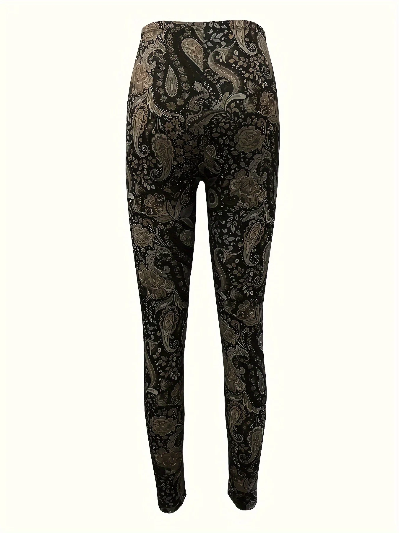 Women Fleece Lined Leggings Retro Boho Paisley Floral Mid‑Rise Warm Winter Stretch Bottoms