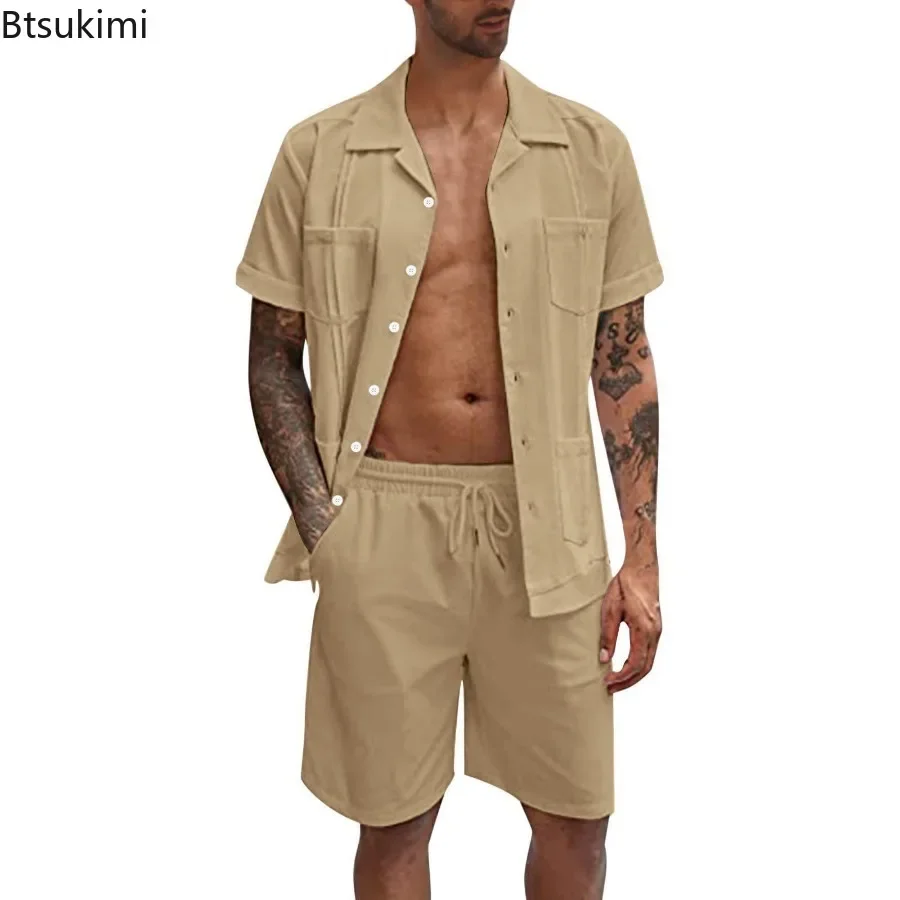 Summer New Men's Casual Sport 2 Piece Sets Fashion Cotton Linen Short Sleeve Shirt and Shorts Suit Men Loose Sport Shirt Outfits