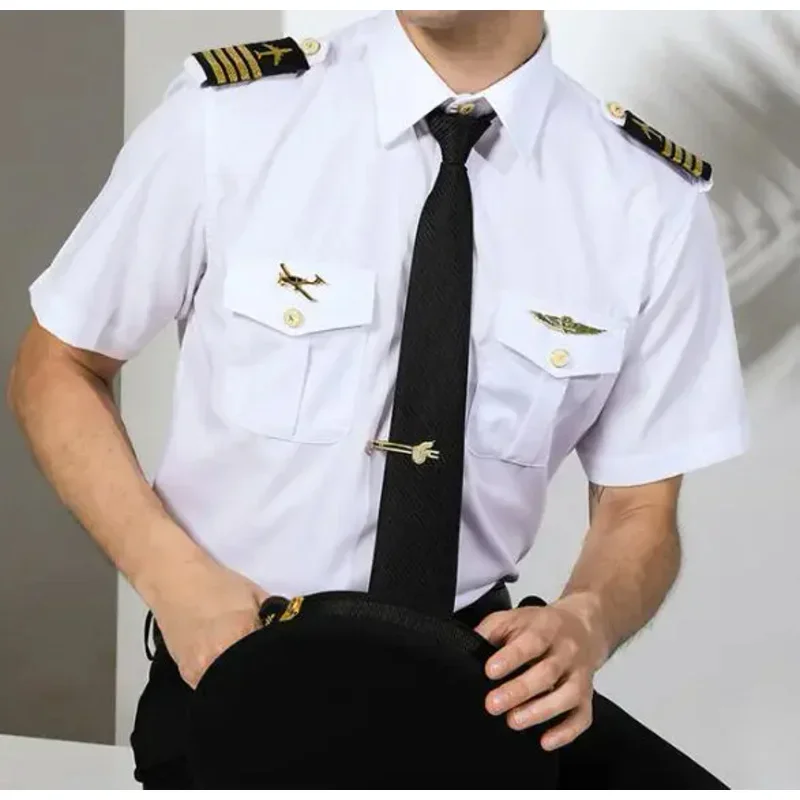 Summer Pilot Uniform Shirt Men Captain Aviation Short Sleeve Work White Tops