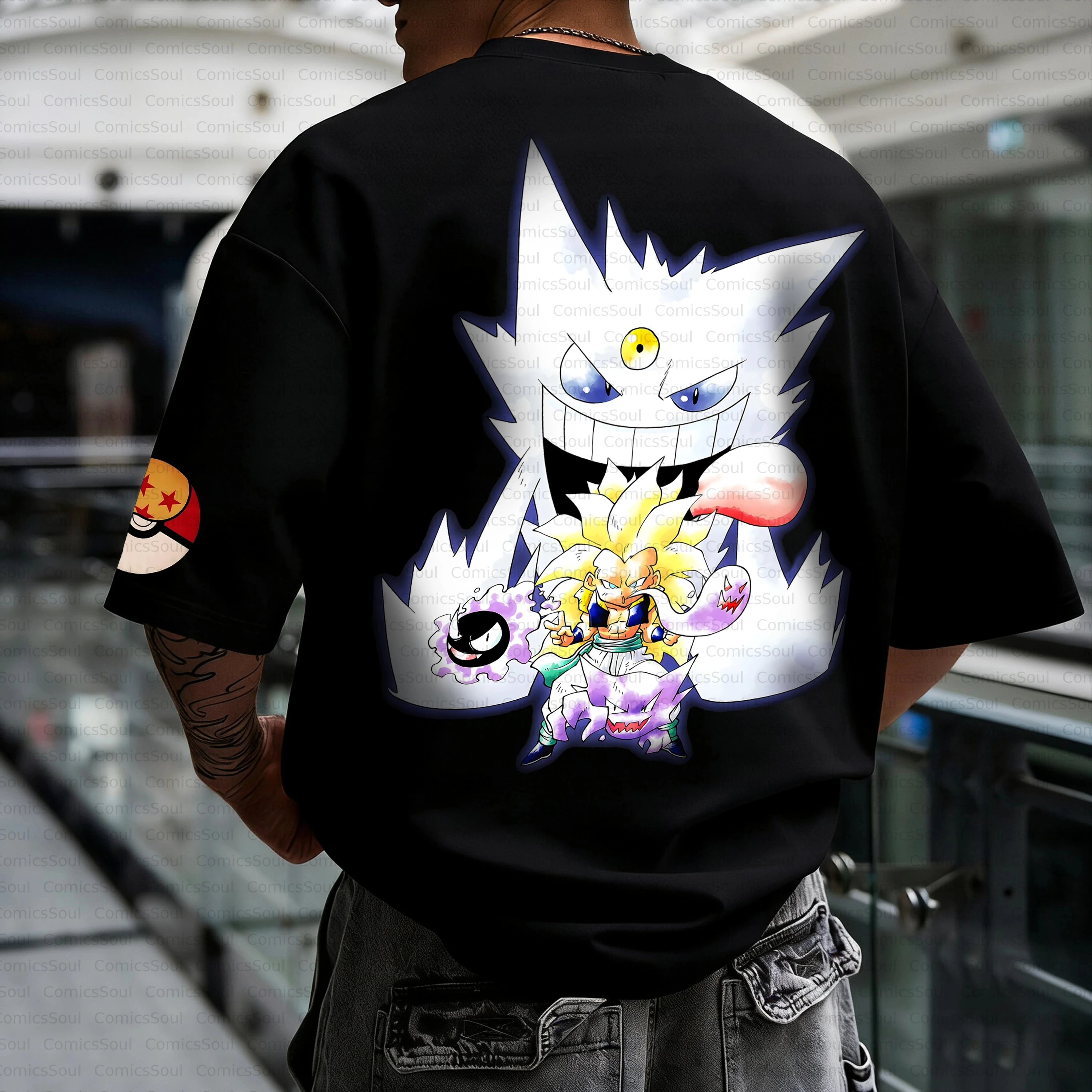 

Летняя футболка 2026 года из чистого хлопка с принтом на спине (Генгар и Гоку) в стиле Dragon Ball, свободный крой, мужская повседневная уличная мода