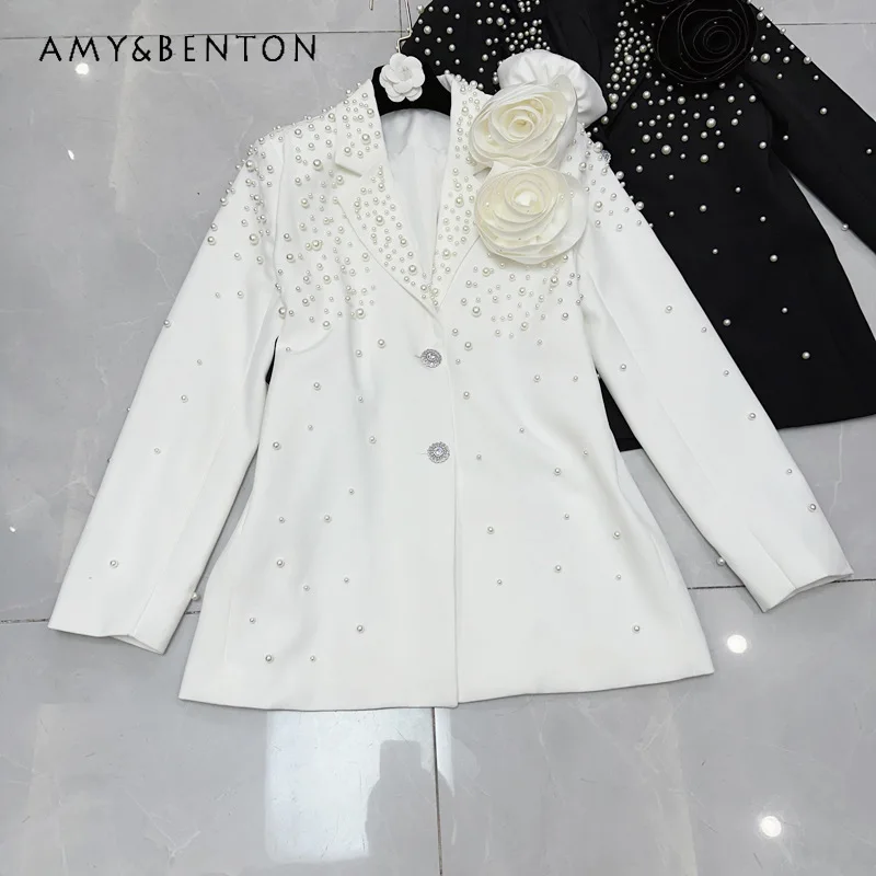 Unique Design American Style Temperament Pearl Straight Suit Heavy Industry Long Sleeves Jacket Big Flower Blazer Women Clothes