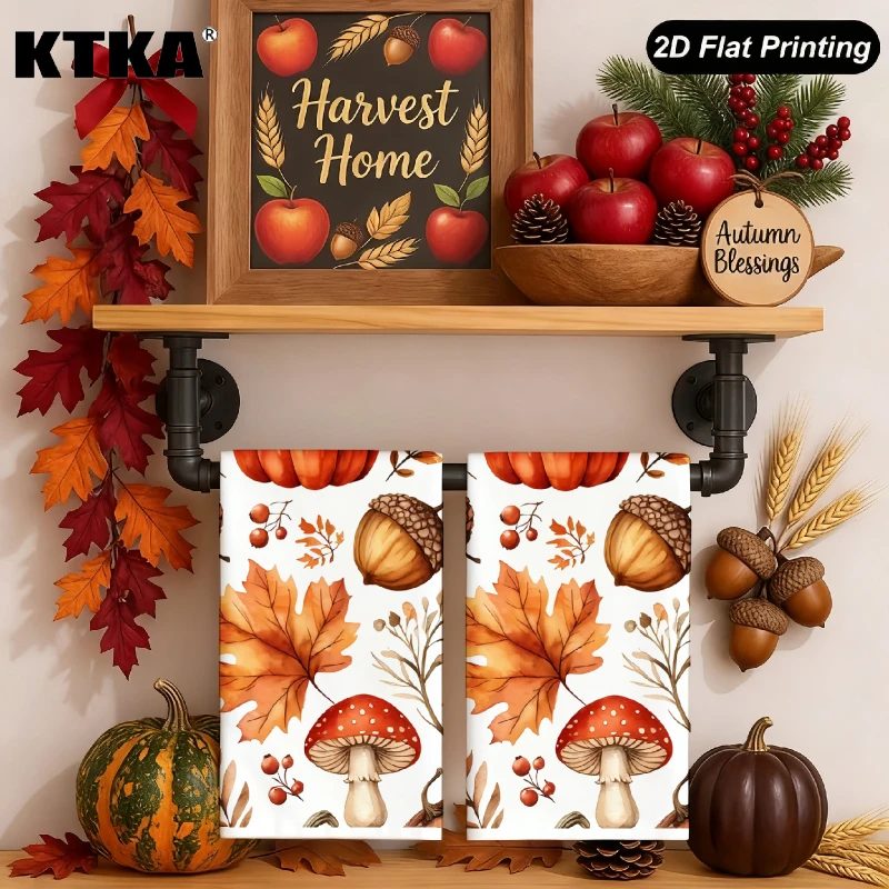 2-Piece Autumn Maple Leaf, Mushroom, and Acorn Kitchen Towels, Absorbent and Reusable Cleaning Cloths, Autumn Decorative Hand Towels, Thanksgiving Decorations, Farmhouse Harvest Autumn Home Decor, Thanksgiving Gifts Su