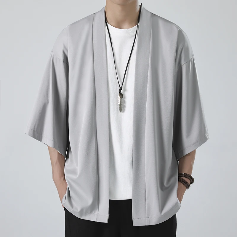 Men's 3/4 Sleeve Open Front Kimono Jacket Chinese Style Summer Lightweight Top Oversized Loose Fit Solid Color Casual Outerwear