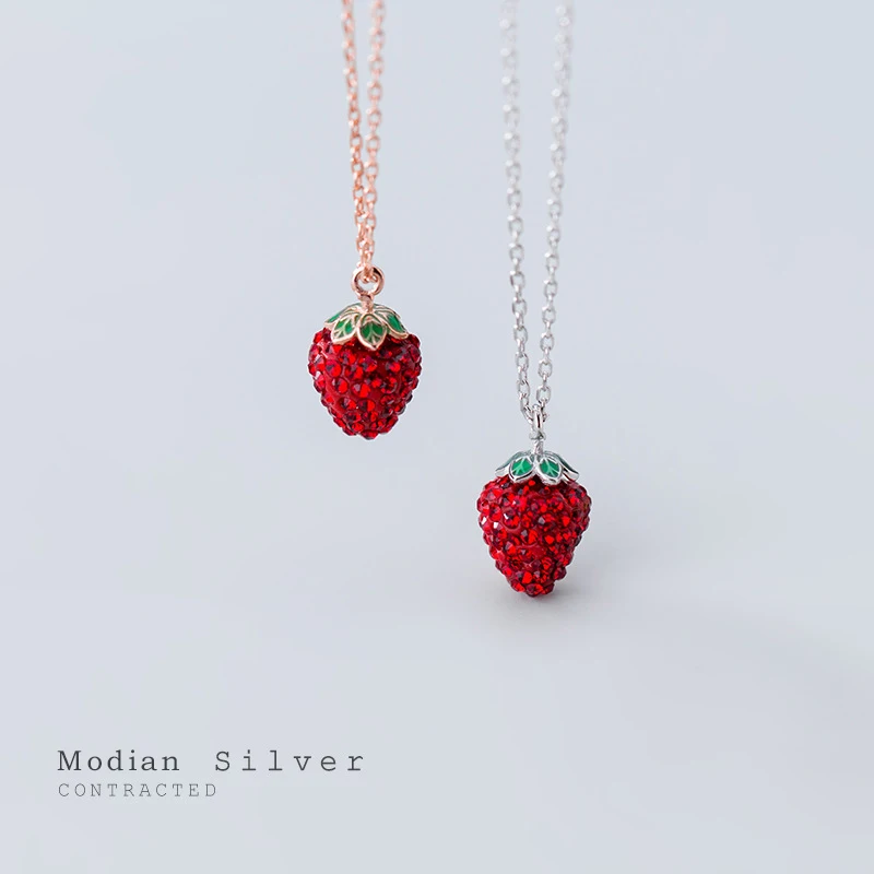 Modian Genuine 925 Sterling Silver Fashion 3D Strawberry Pendant Necklace for Women Crystal Chain Link Necklaces Fine Jewelry