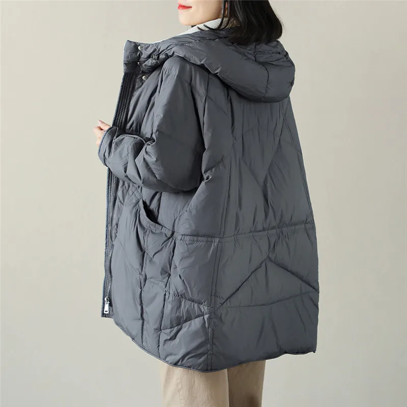 Herbst Winter Midi Lange Mit Kapuze Unten Mantel Frauen Warm Verdicken Weiße Ente Unten Jacke Parkas Weibliche Lose Oversize Puffer Outwears