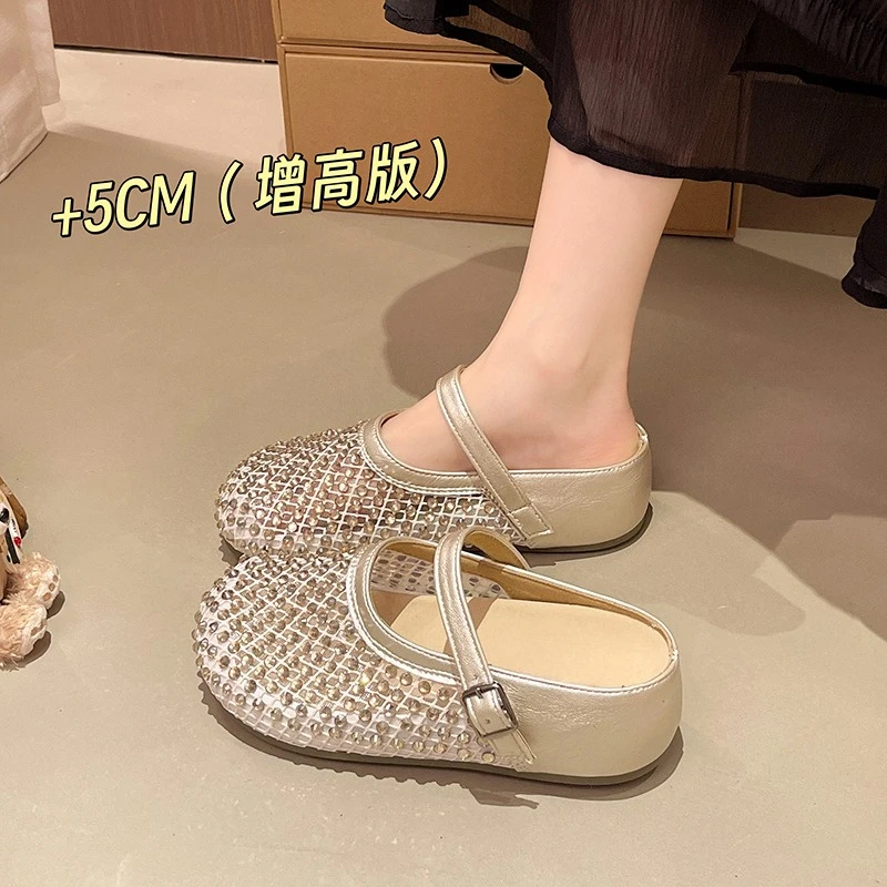 2026 Summer New Hollow Crystal Diamond Bag Head Mopping Breathable Platform Heightening Niche Versatile Flats