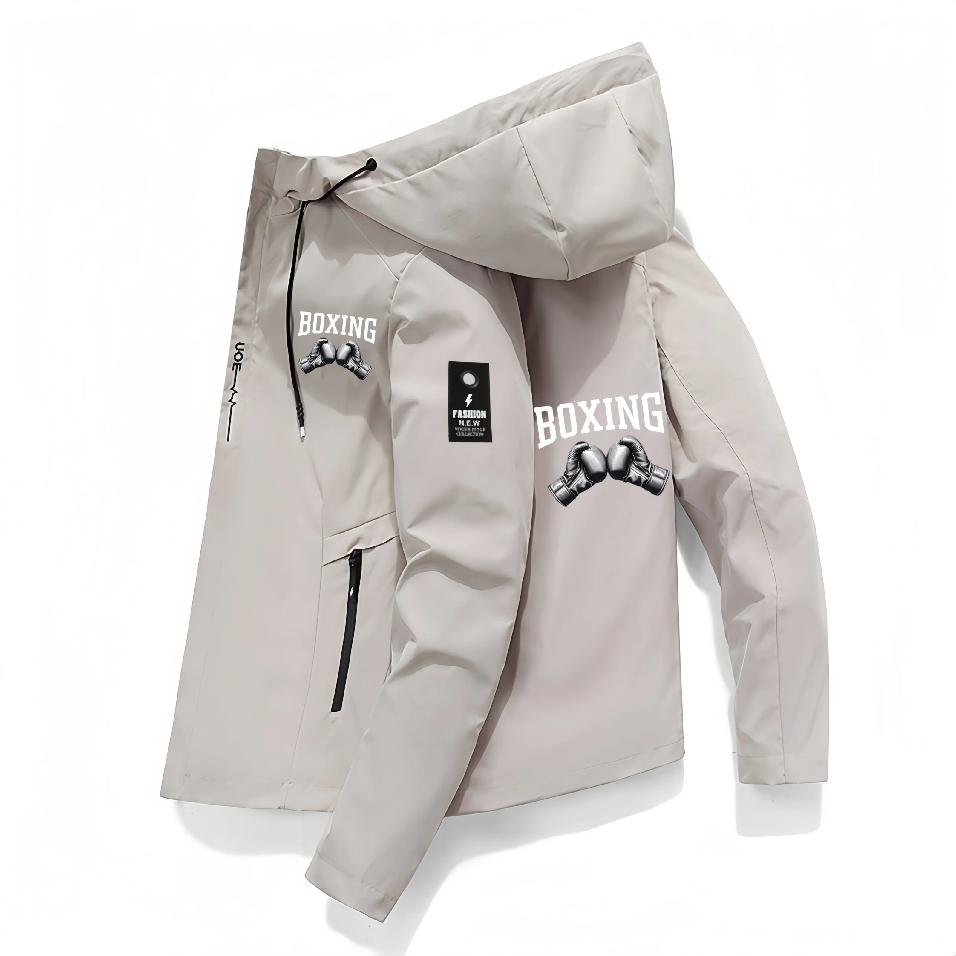 New Fall Men's Hooded Jacket, Windproof Outdoor Sports Jacket, Casual Boxing Print Hoodie, Sports Training Hooded Jacket