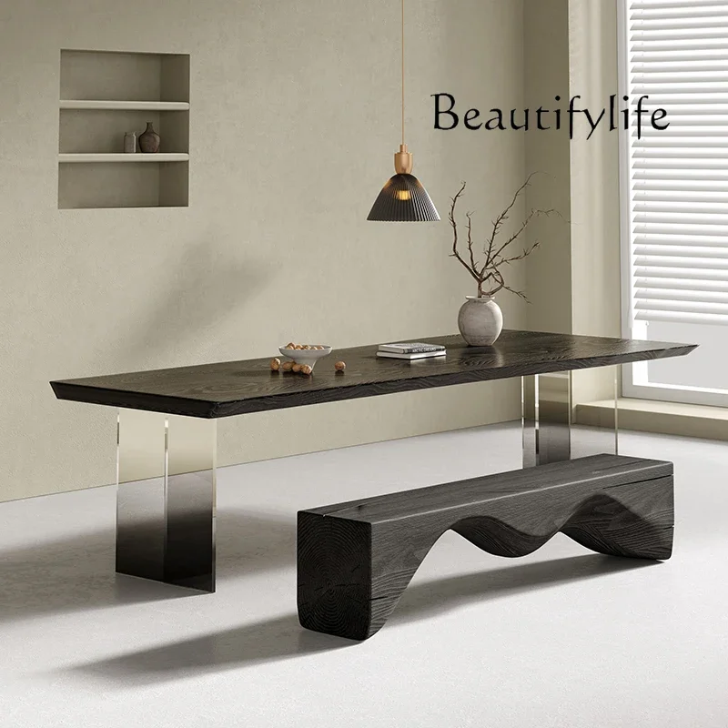 X36 Nordic Wabi Sandy Wind Solid Wood Black Carbonized Tea Table Household Acrylic Gradual Change Dining Table